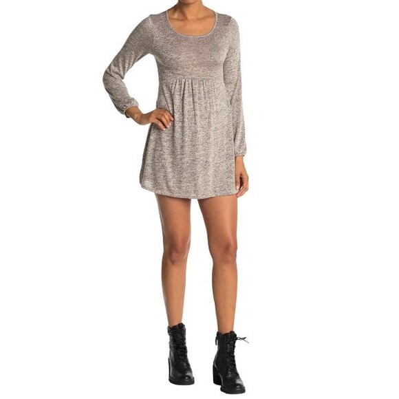 Max + Ash Knit Babydoll Mini Dress Womens S Gray Balloon Sleeve Waffle Knit NWT - Picture 2 of 7